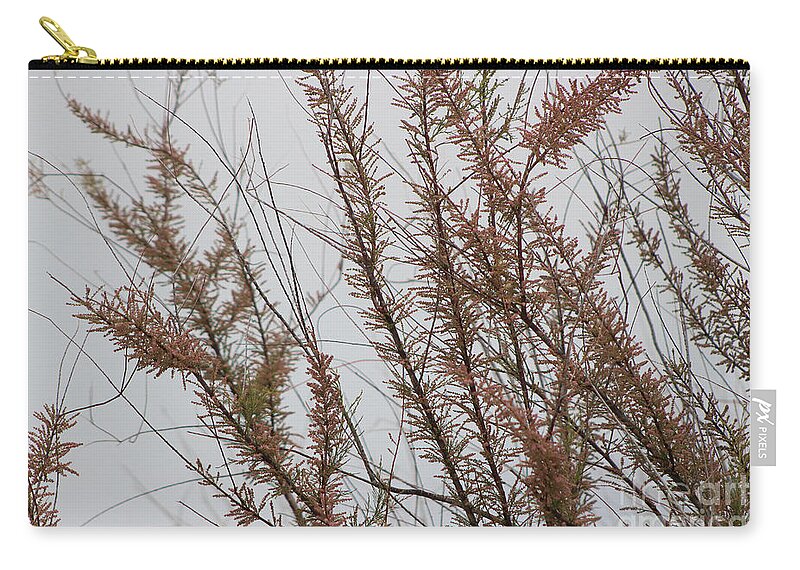 Gray Zip Pouch featuring the photograph Pink Chinese Saltcedar On Misty Gray Skies by Colleen Cornelius
