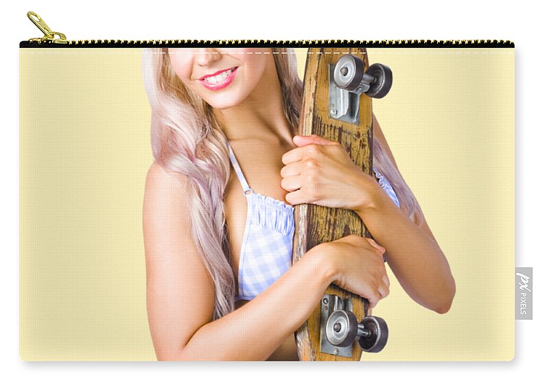 Skate Zip Pouch featuring the photograph Pinup woman in bikini holding skateboard by Jorgo Photography