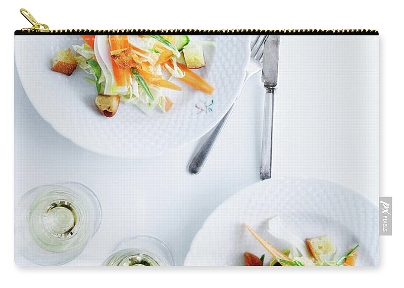 White Background Zip Pouch featuring the photograph Plates Of Pasta With Vegetables by Line Klein