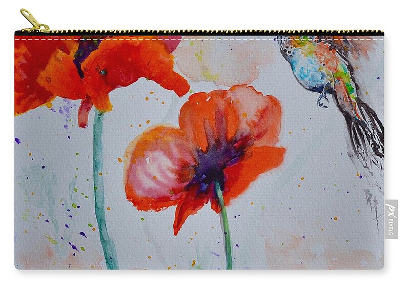 Hummingbird Zip Pouch featuring the painting Plumage And Poppies by Beverley Harper Tinsley