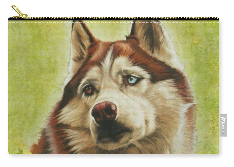 Working Group Zip Pouch featuring the mixed media Poised Siberian Husky in Color by Barbara Keith