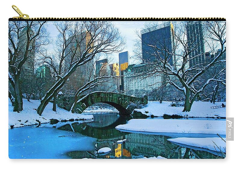 Estock Zip Pouch featuring the digital art Pond & Bridge, Central Park, Nyc by Claudia Uripos