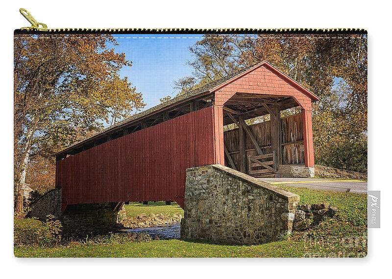 Pool Forge Covered Bridge Zip Pouch featuring the photograph Pool Forge Covered Bridge by Debra Fedchin