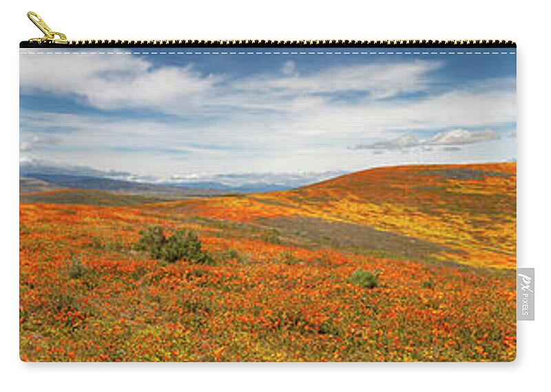Antelope Valley Poppy Reserve Zip Pouch featuring the photograph Poppy Reserve Panorama 1 by Endre Balogh