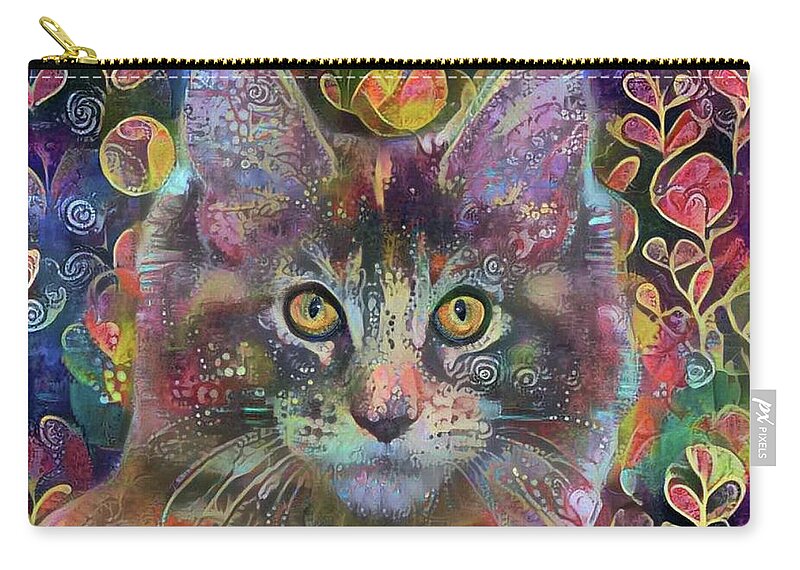 Maine Coon Cat Zip Pouch featuring the digital art Poppy the Maine Coon Cat in the Garden by Peggy Collins