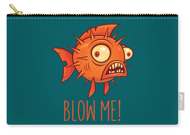 Pufferfish Carry-all Pouch featuring the digital art Porcupine Blowfish Cartoon - Blow Me by John Schwegel