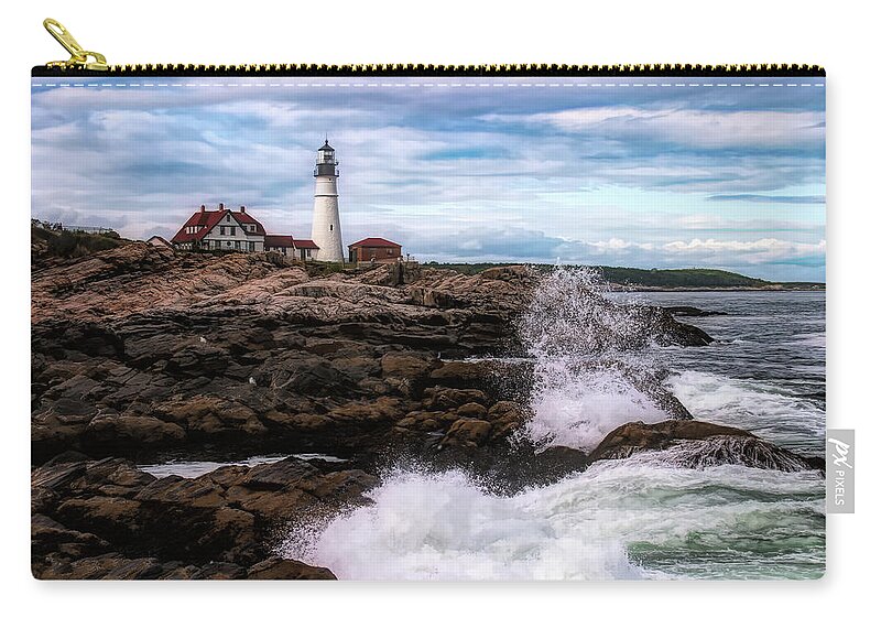 Portland Lighthouse Zip Pouch featuring the photograph Portland Head Lighthouse Maine by Jeff Folger