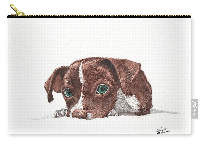 Chocolate Zip Pouch featuring the painting Portrait of a Chihuahua puppy in watercolor by Christopher Shellhammer