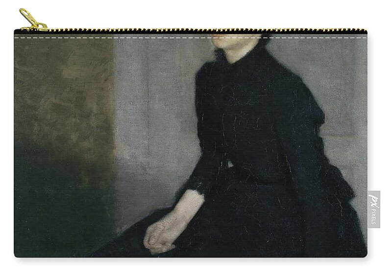 Vilhelm Hammershoi Zip Pouch featuring the painting Portrait of a young woman, 1885. The artist's sister Anna Hammershoi. Oil on Canvas. 112 x 91, 5 cm. by Vilhelm Hammershoi