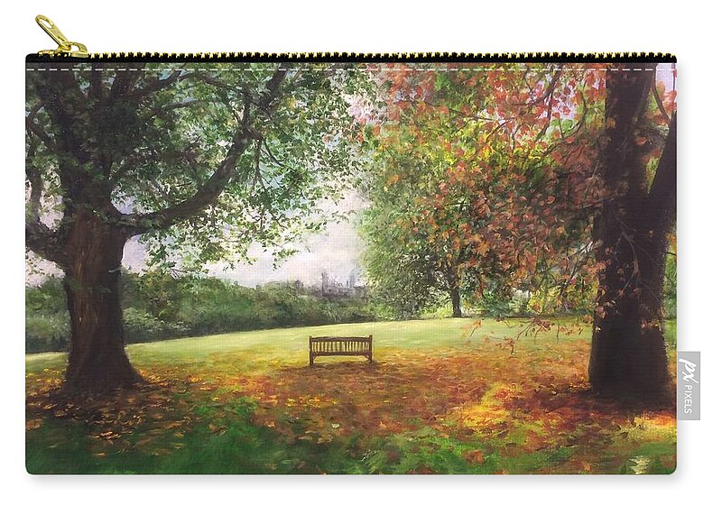 Lizzy Forrester Zip Pouch featuring the painting Primrose Hill On An Autumn Day London In The Distance by Lizzy Forrester