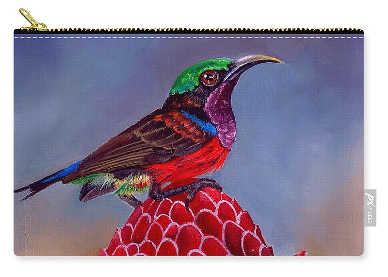 Birds Carry-all Pouch featuring the painting Purple Throated Sunbird on Red Torch Ginger by Dana Newman