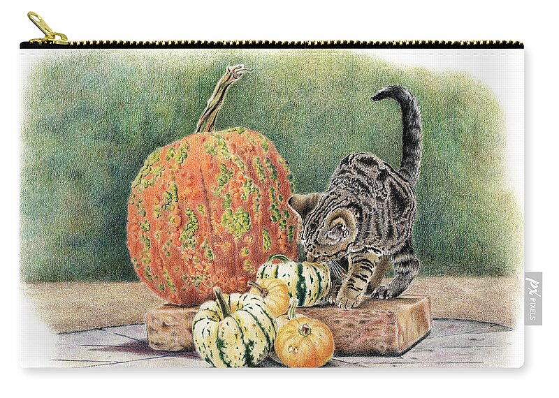 Cat Zip Pouch featuring the drawing Pumpkin Patrol by Louise Howarth