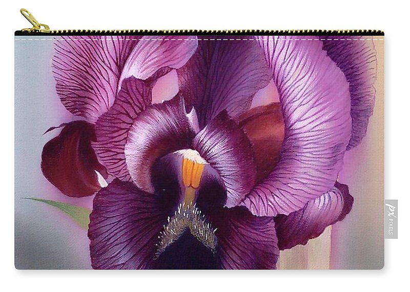 Russian Artists New Wave Zip Pouch featuring the painting Purple Iris Head 1 by Alina Oseeva