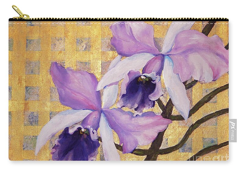 Top Artist Zip Pouch featuring the painting Purple Orchids on Gold Background by Sharon Nelson-Bianco