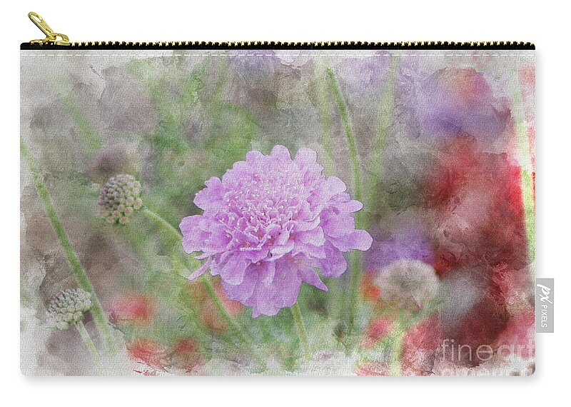 Watercolor Zip Pouch featuring the photograph Purple Pincushion Flower in Digital Watercolor by Colleen Cornelius