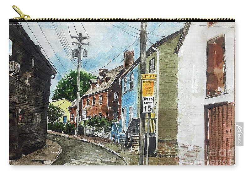 A Small Narrow Street In Annapolis Zip Pouch featuring the painting Quiet Please by Monte Toon