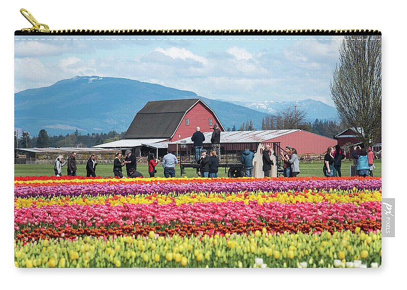 Rainbow Tulips Red Barn Blue Mountains Zip Pouch featuring the photograph Rainbow Tulips Red Barns Blue Mountains by Tom Cochran