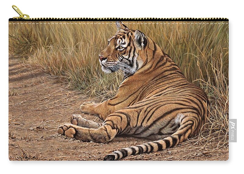Tiger Zip Pouch featuring the painting Ranthamboure Road Block Tiger by Alan M Hunt