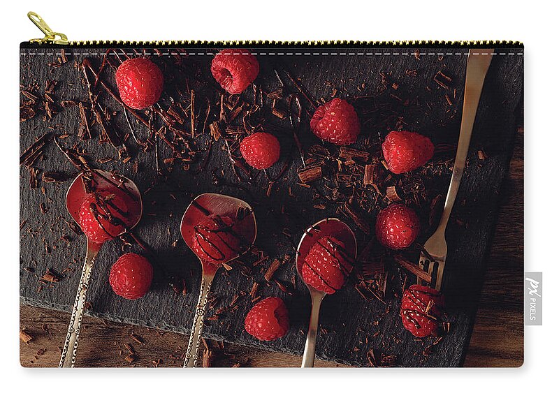 Food Zip Pouch featuring the photograph Raspberries in chocolate by Hanna Tor