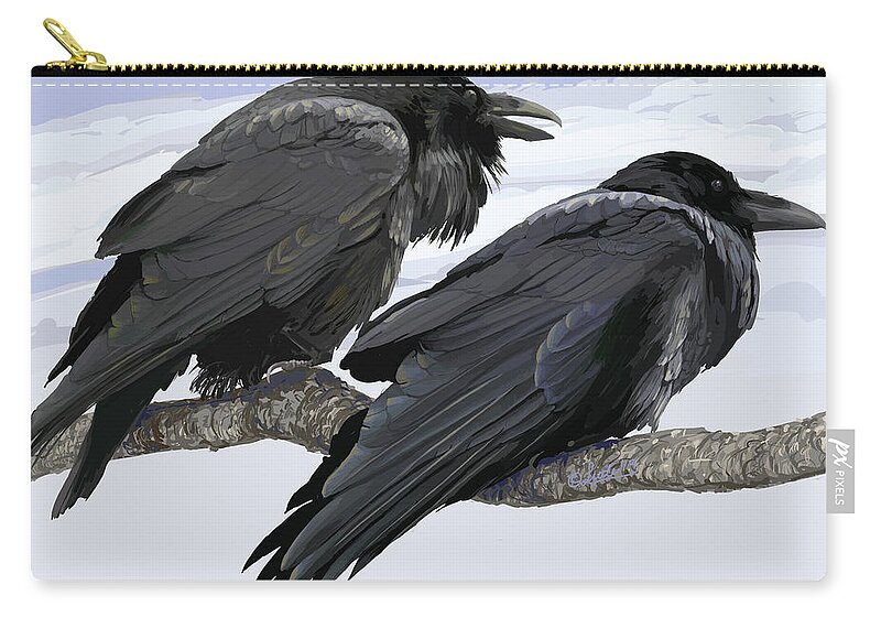 Birds Zip Pouch featuring the painting Raven Chatter by Pam Little