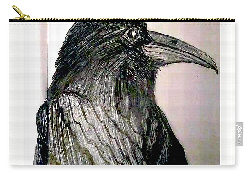 Raven Zip Pouch featuring the drawing Raven by Genevieve Esson
