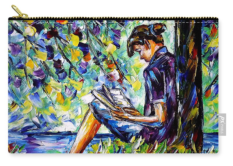 Girl With A Book Carry-all Pouch featuring the painting Reading By The River by Mirek Kuzniar