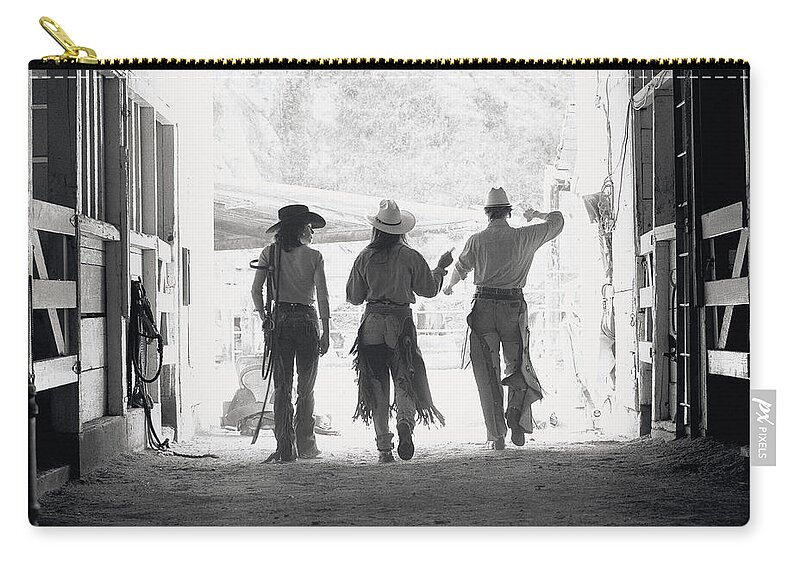 Working Zip Pouch featuring the photograph Rear View Of Three Ranch Hands Leaving by Kimball Hall