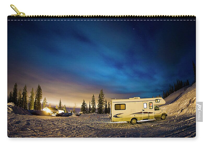 Camping Zip Pouch featuring the photograph Recreational Vehicle Parked On Hillside by Gonzalo Manera