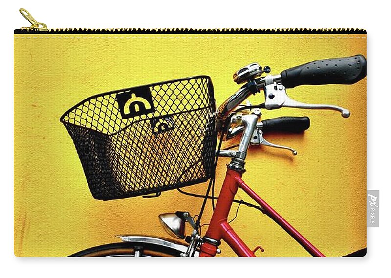 Leaning Zip Pouch featuring the photograph Red Bike And Yellow Wall by See Me On Flickr Account-metal543