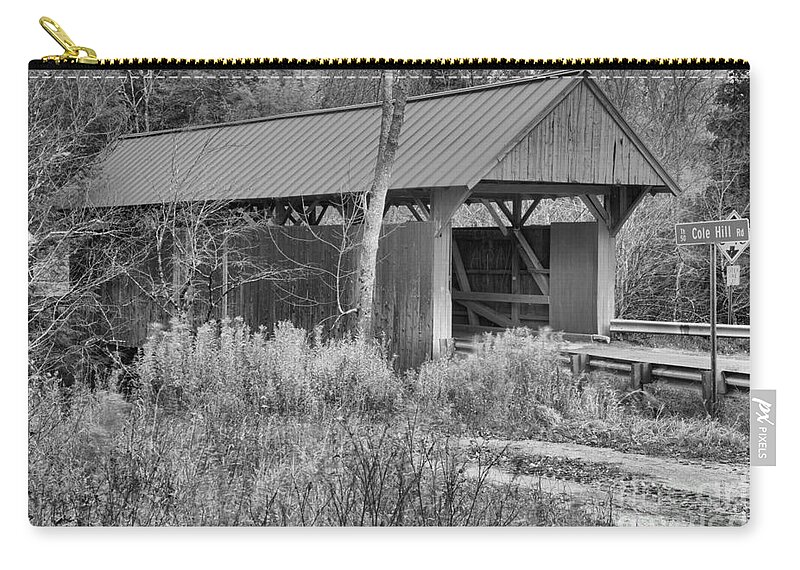 Red Covered Bridge Zip Pouch featuring the photograph Red Covered Bridge In The Brush Black And White by Adam Jewell