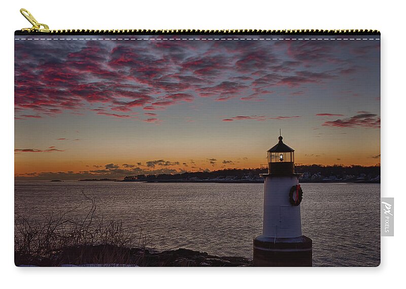 Winter Island Lighthouse Zip Pouch featuring the photograph Red Dawning Sailors take Warning by Jeff Folger