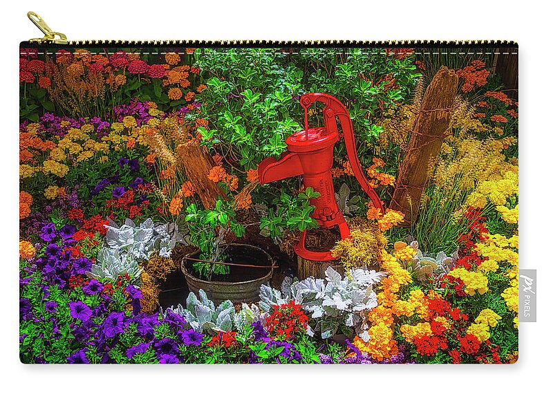 Horizontal Zip Pouch featuring the photograph Red Pump In Flower Garden by Garry Gay