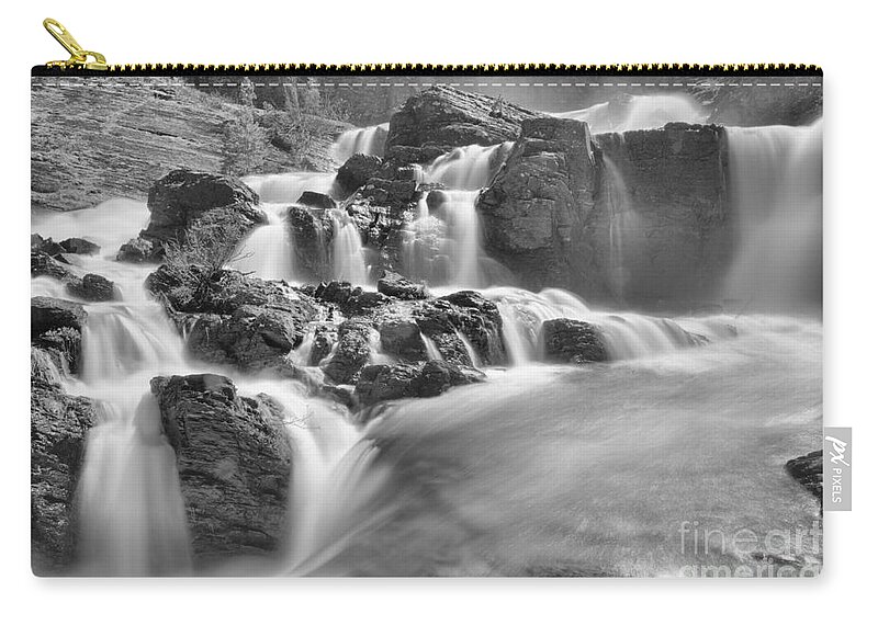 Red Rock Falls Zip Pouch featuring the photograph Red Rock Falls Spring Closeup Black And White by Adam Jewell