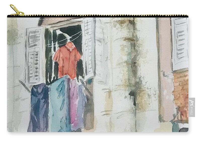 Laundry Zip Pouch featuring the painting Red shirt on the Laundry line by Sonia Mocnik
