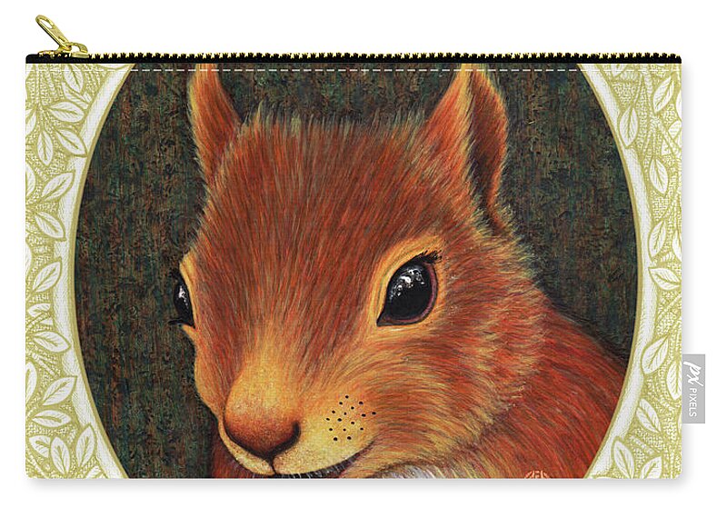 Animal Portrait Zip Pouch featuring the painting Red Squirrel Portrait - Cream Border by Amy E Fraser