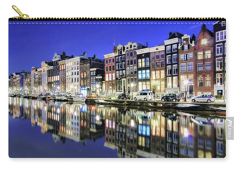 Amsterdam Zip Pouch featuring the painting Reflections at Night by Nadia Sanowar