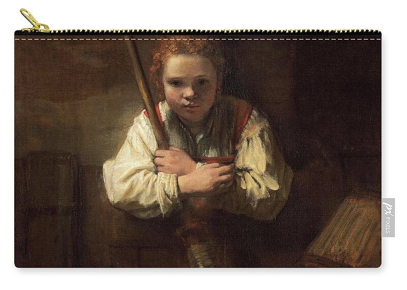 Oil On Canvas Zip Pouch featuring the painting Rembrandt Workshop -Possibly Carel Fabritius- A Girl with a Broom. by Rembrandt Workshop -Possibly Carel Fabritius-