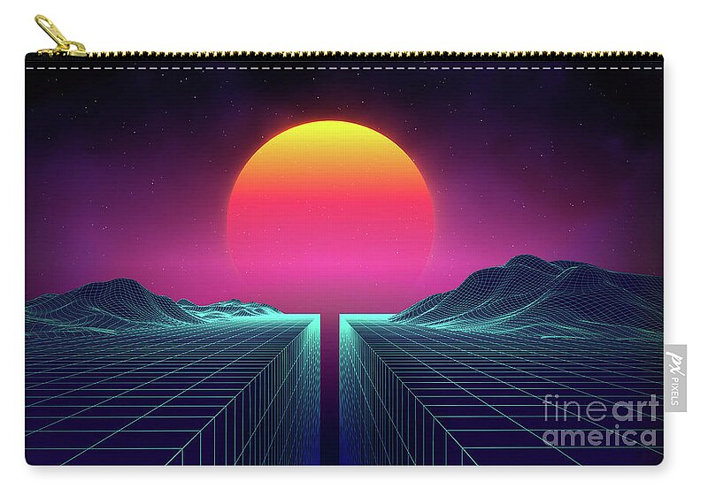 1980-1989 Zip Pouch featuring the digital art Retro Background Futuristic Landscape by Damiengeso
