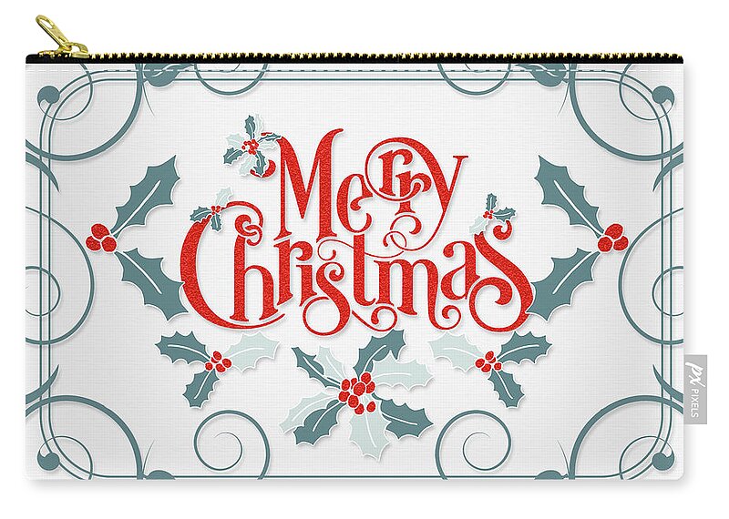 Christmas Zip Pouch featuring the digital art Retro Holly Swirls Christmas Typography by Doreen Erhardt