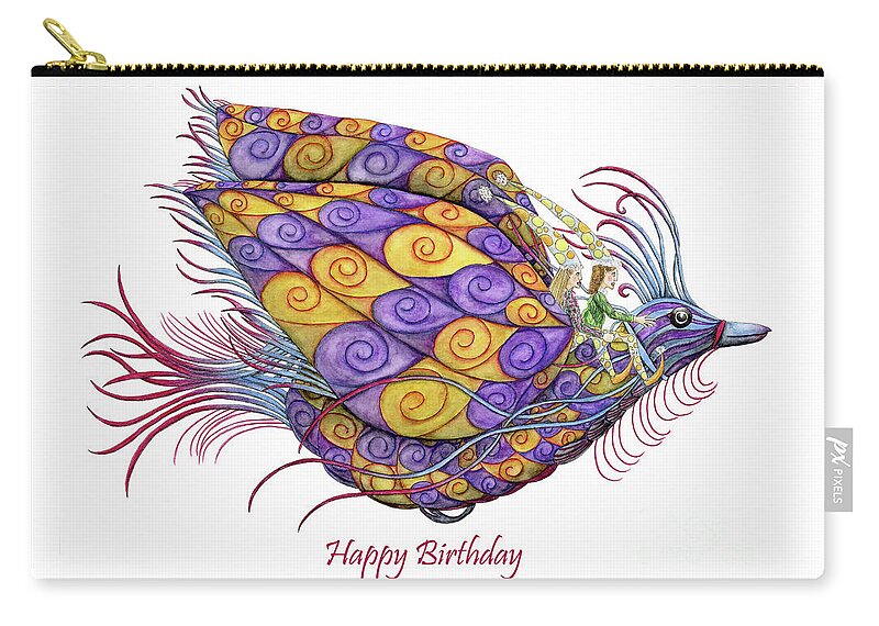 Birthday Card Zip Pouch featuring the painting Riding the Exotic Birthday Bird by Lise Winne