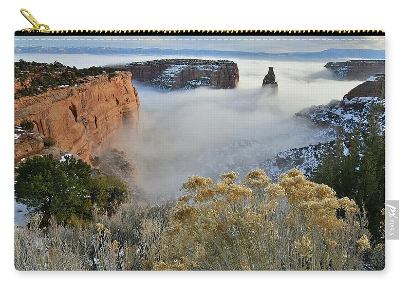 Colorado National Monument Zip Pouch featuring the photograph Rim Rock Drive View of Fogged Independence Canyon by Ray Mathis
