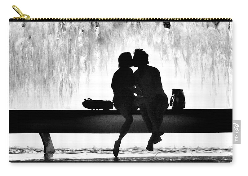 Black And White Carry-all Pouch featuring the photograph Romance by a Fountain - A New York Moment by Steve Ember