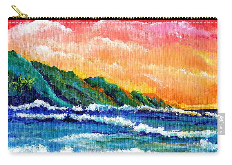 Kauai Zip Pouch featuring the painting Romantic Kauai Sunset by Marionette Taboniar