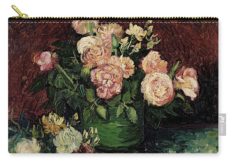 Van Gogh Still Life Zip Pouch featuring the painting Roses and peonies by Vincent Van Gogh