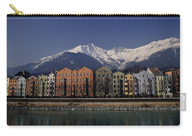 In A Row Zip Pouch featuring the photograph Row Of Houses In Innsbruck, Austria by Neil Beer