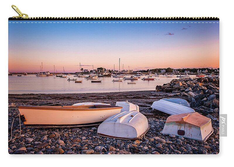 Beach Cobbles Zip Pouch featuring the photograph Rowboats at Rye Harbor, Sunset by Jeff Sinon