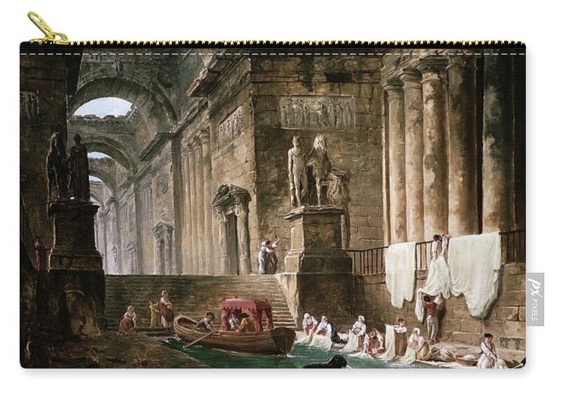 Ruins Of A Roman Bath With Washerwomen Carry-all Pouch featuring the painting Ruins Of A Roman Bath With Washerwomen by Hubert Robert by Rolando Burbon