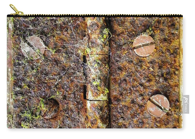 Cobwebs Zip Pouch featuring the photograph Rusty Old Door Hinge With Cobwebs by Richard Brookes