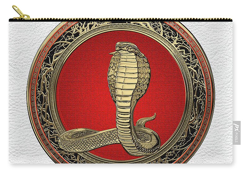 'beasts Creatures And Critters' Collection By Serge Averbukh Zip Pouch featuring the digital art Sacred Gold King Cobra on White Leather by Serge Averbukh