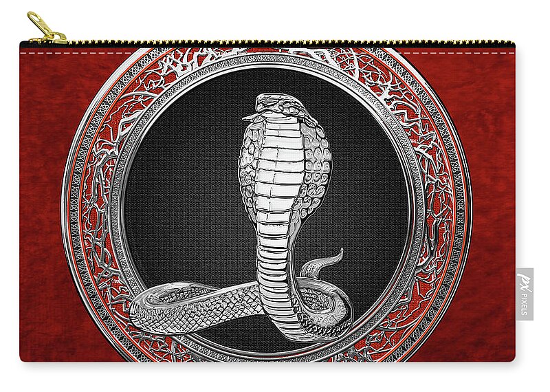 'beasts Creatures And Critters' Collection By Serge Averbukh Zip Pouch featuring the digital art Sacred Silver King Cobra on Red Canvas by Serge Averbukh